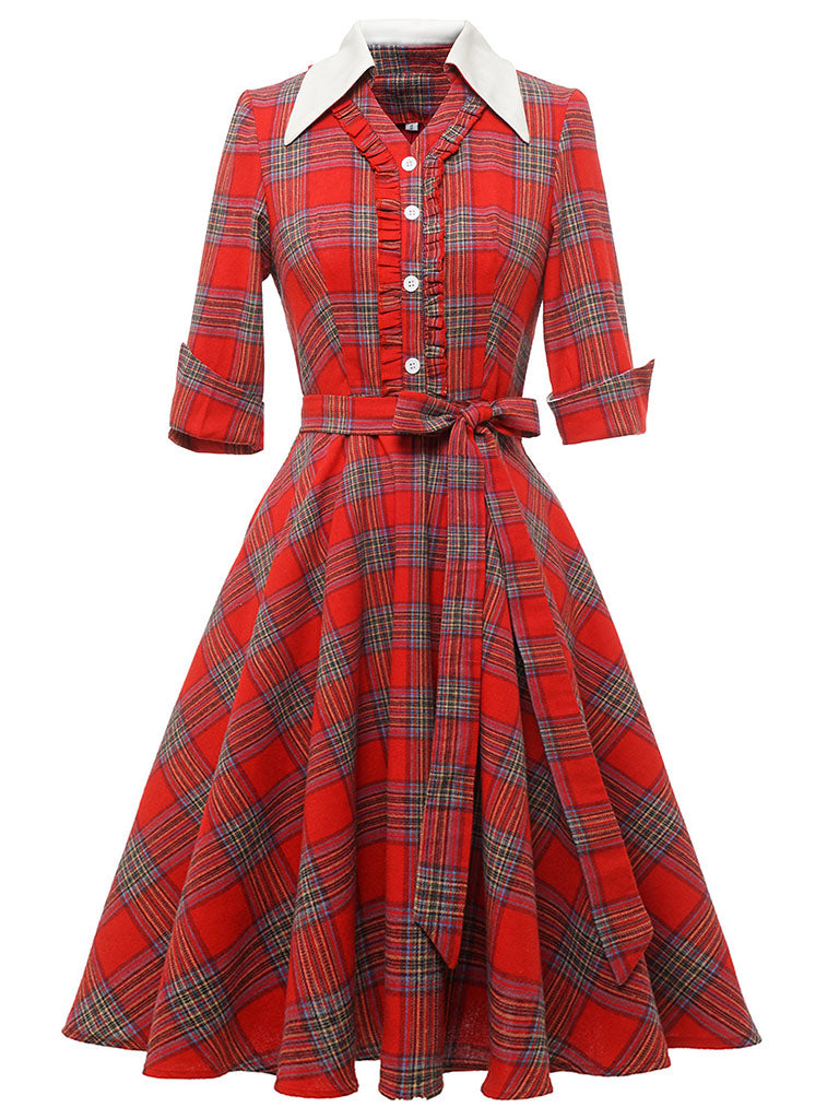 Red Plaid Ruffles 3/4 Sleeve 1950S Vintage Dress With Button