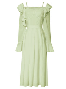 Apple Green Square Neck Ruffle 1950S Vintage Dress