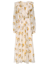 Load image into Gallery viewer, Light Yellow Floral Printed VNeck Ruffle 1950S Vintage Dress