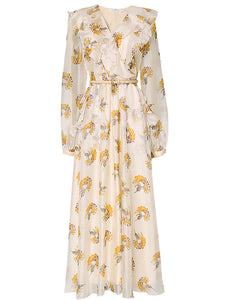 Light Yellow Floral Printed VNeck Ruffle 1950S Vintage Dress