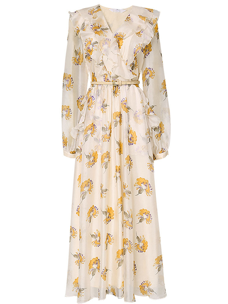 Light Yellow Floral Printed VNeck Ruffle 1950S Vintage Dress