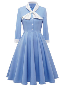 Big BowKnot Baby Blue 3/4 Sleeve 1950S Vintage Dress With Button