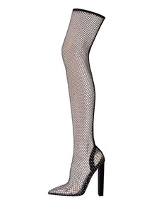 High Heel Pointed Toes Luxury Bling Rhinestone Mesh Sandals Retro High Boots Shoes