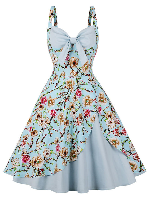 Blue Floral Print Spaghetti Strap 1950S Vintage Swing Dress