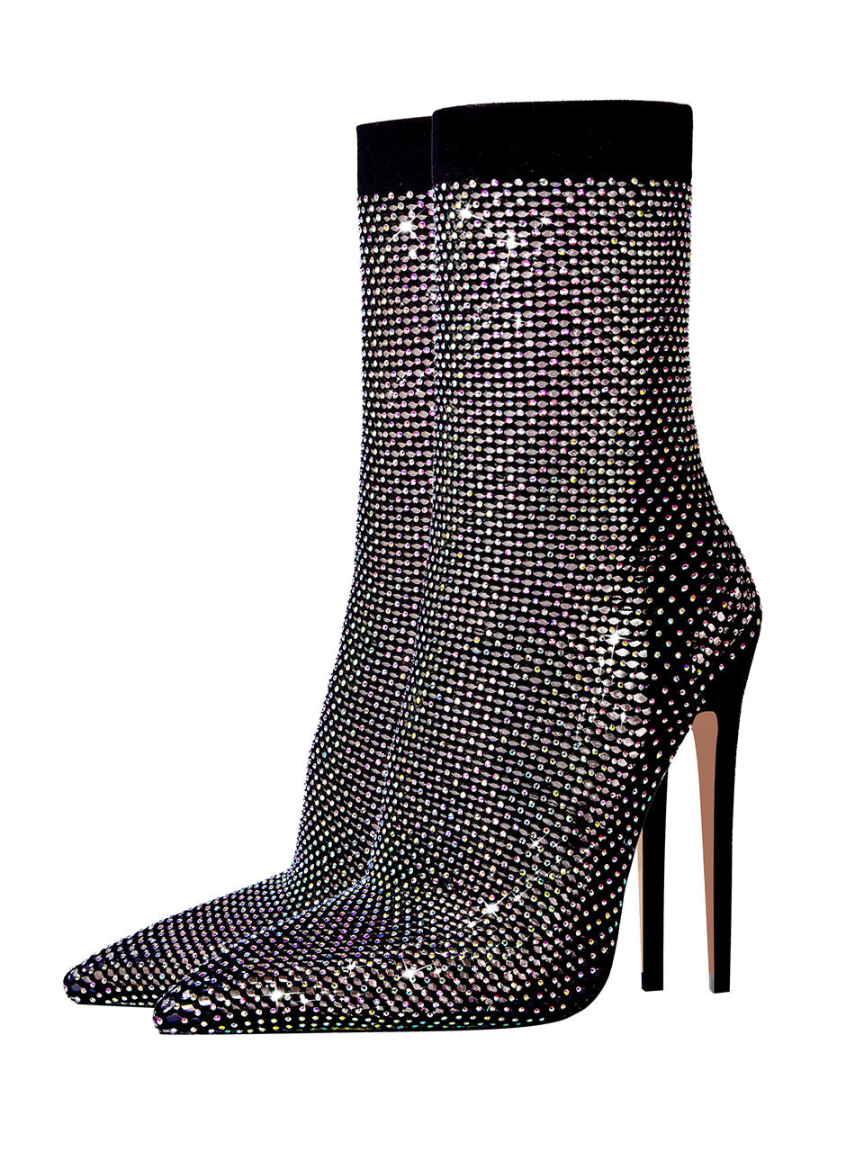 High Heel Pointed Toes Luxury Bling Rhinestone Mesh Sandals Retro Short Boots Shoes