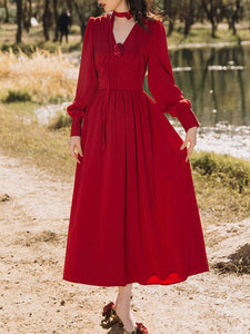 Vinatge Red Handmade Rose Puff Sleeve Swing Velvet Dress