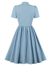 Load image into Gallery viewer, Baby Blue Tie Neck Short Sleeve Pleated A Line Cocktail Vintage Dress