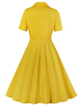Load image into Gallery viewer, Short Sleeve Notch Collar Solid Yellow A Line Cocktail Vintage Cotton Dress