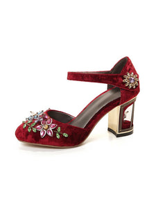 Luxury Womens Rhinestone Embroidery Crystal Flower Mary Janes Pumps
