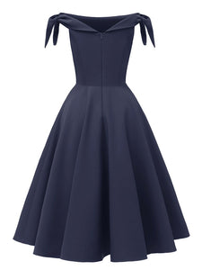 Wine Red 1950s Off Shoulder Bow Dress