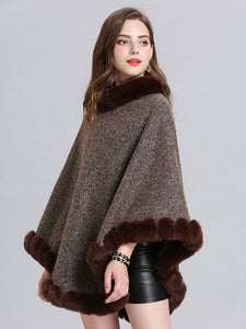 Women Woolen Poncho Faux Fur Shawl Collar Oversized Winter Coat