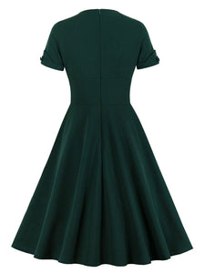 Dark Green V Neck Short Sleeve 50S Vintage Dress 