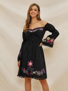 Women's Boho Dress Black Off Shoulder Floral Embroidered Dress