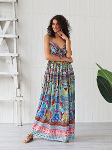 Women's Boho Dress Spaghetti Strap Bow Split Floral Printed Maxi Dress