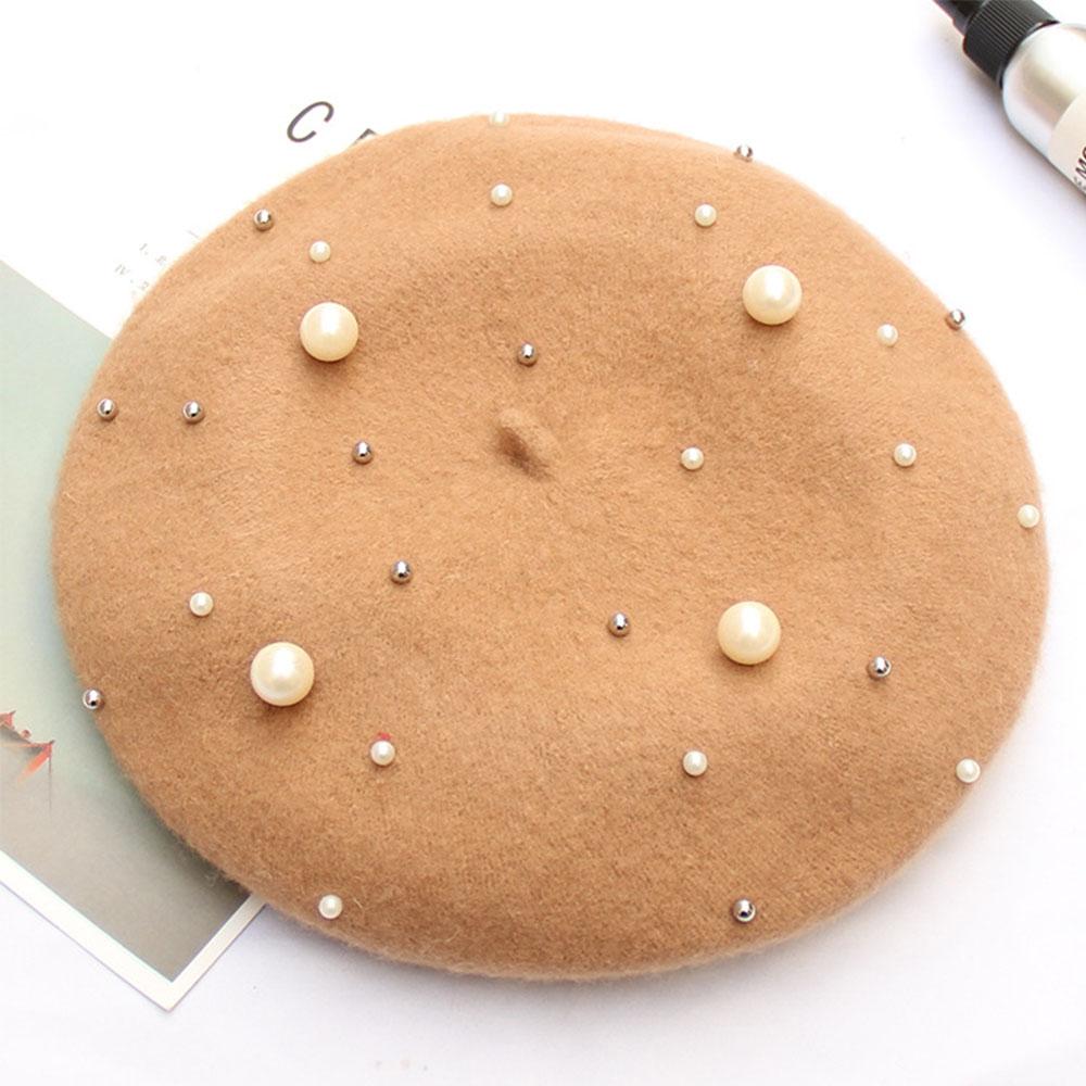 Women Pearl Stars Wool Felt Beret Hat Cap