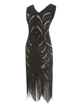 Load image into Gallery viewer, Black 1920s V Neck Sequined Flapper Dress