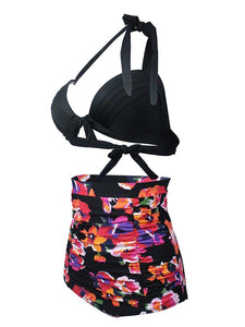 

Black Floral Print Halter Backless Retro Style Binikis Swimwear