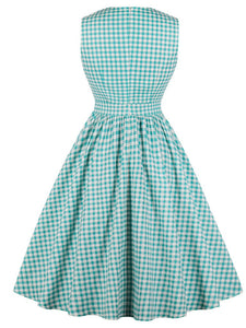 Printed V Neck Green Plaid Vintage Dress