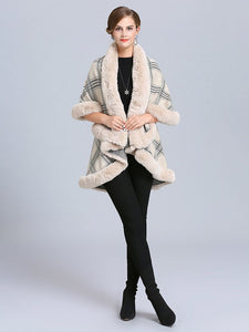 Women Poncho Wrap Faux Fur Collar Double Layer