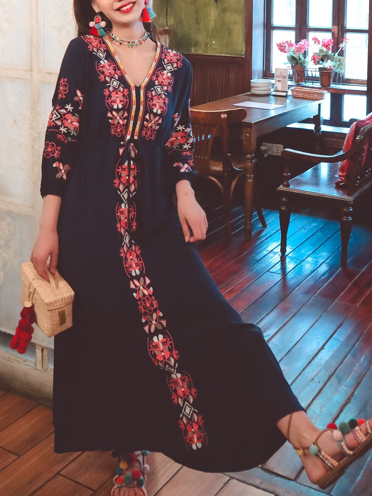 Women's Bohemian Embroidered Floral V Neck Long Sleeve Cotton Boho Maxi Dress, Red / XS Women's Bohemian Embroidered Floral V Neck Long Sleeve Cotton Boho Maxi Dress, Red / XS