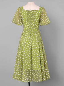 Green Daisy Puff Greenery Chiffon 1950S Vintage Dress