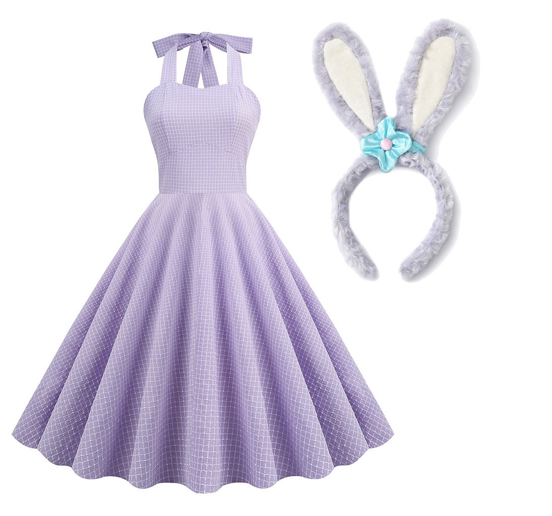 Lavender And White Plaid Vintage Halter Stellalou Same Style Easter 1950S Dress With Headband Set
