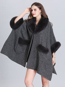 Faux Fur Coat Gingham Women ‘s Overcoat With Pockets