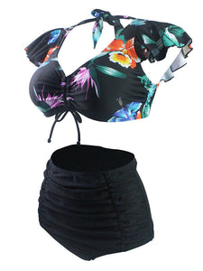 
Black Floral 3D Print V Neck Retro Style Bikinis swimsuits