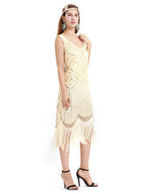 Load image into Gallery viewer, Apricot 1920s Crew Neck Sequined Fringed Flapper Dress