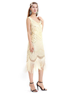 Apricot 1920s Crew Neck Sequined Fringed Flapper Dress
