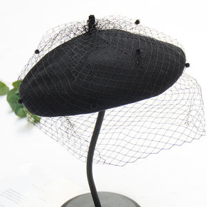 Women Knitted Artist Beanie Hat Cap With Veil