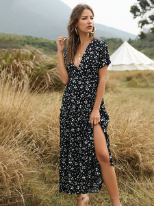 Women's Boho Dress Floral Printed Ruffle Deep V Neck  Maxi Dress