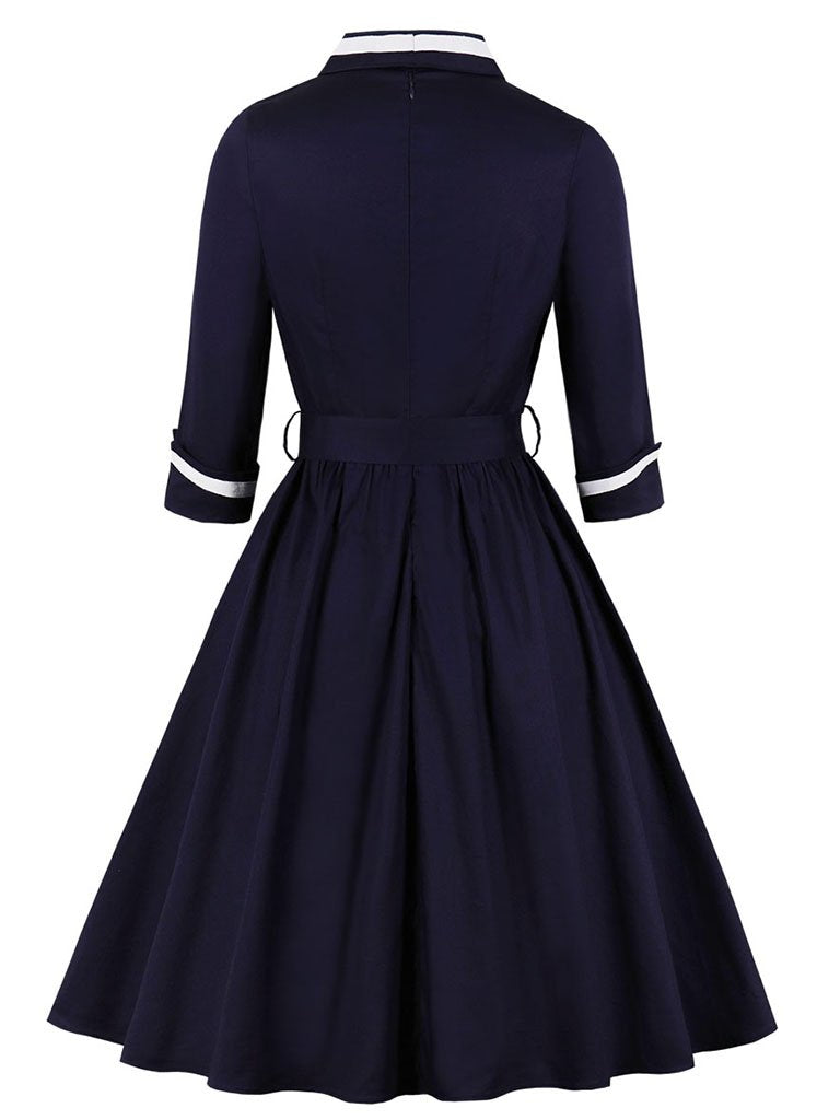 Navy 1950s V Neck Vintage Swing Dress With Belt Jolly Vintage Navy 1950s V Neck Vintage Swing Dress With Belt Jolly Vintage