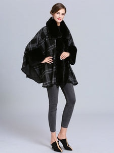 Plaid Women Poncho Sweater Faux Fur Coat Shawl Collar
