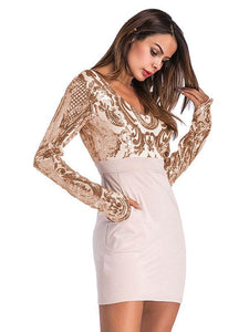 V Neck Sequin Long Sleeve Party Dress