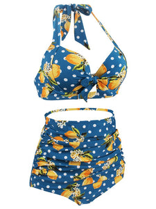 Retro Style Floral Solid Background Two Pieces Bikini Sets