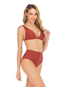 Red High Waisted Two Pieces Striated Triangle Bikini Sets