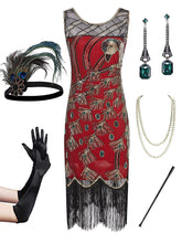 Load image into Gallery viewer, Green Peacock Feather Embroidered 1920S Gatsby Sequined Flapper Dress Set