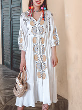 Load image into Gallery viewer, Women&#39;s Bohemian Floral Embroidered V Neck 3/4 Sleeves Front Split Button Maxi Boho Dress