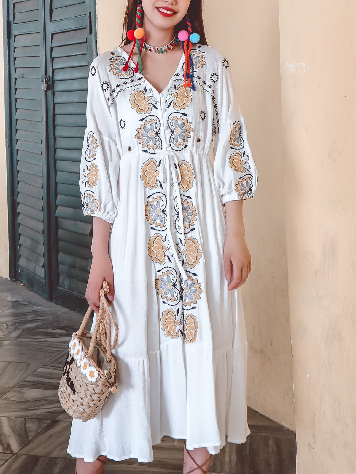 Women's Bohemian Floral Embroidered V Neck 3/4 Sleeves Front Split Button Maxi Boho Dress, Red / S Women's Bohemian Floral Embroidered V Neck 3/4 Sleeves Front Split Button Maxi Boho Dress, Red / S