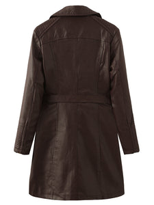 Women's Coat PU Leather Turndown Collar Fall Winter Plush Regular Midi Length Coat Solid Color Coat