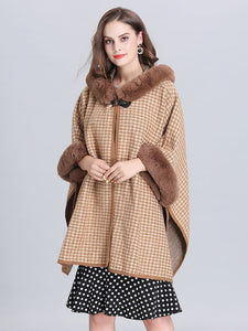 Faux Fur Coat Wool Cape Coat Hooded Long Sleeve Women Gingham Overcoat 