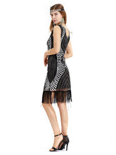 Load image into Gallery viewer, Black Gold 1920s V Neck Sequined Fringed Flapper Dress