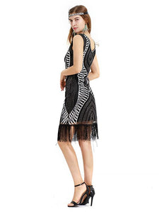 Black Gold 1920s V Neck Sequined Fringed Flapper Dress