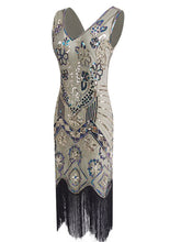 Load image into Gallery viewer, 1920S Floral Fringed Sequin Gatsby Dress