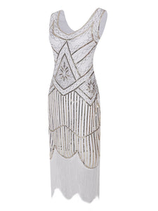 White 1920s V Neck Sequined Flapper Dress