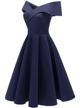 Load image into Gallery viewer, Navy 1950s Off Shoulder Swing Dress