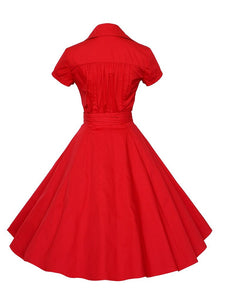 Elegant High Waist V Neck Short Sleeve Solid Color Vintage Dress