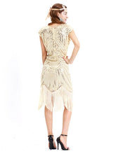 Load image into Gallery viewer, Gold 1920s Crew Neck  Cape Sequined Fringed Flapper Dres