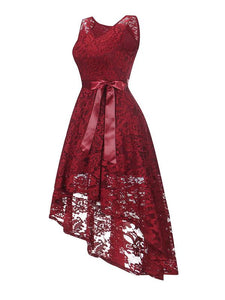 Lace V Neck Sleeve Less High Low Hem Vintage Dress